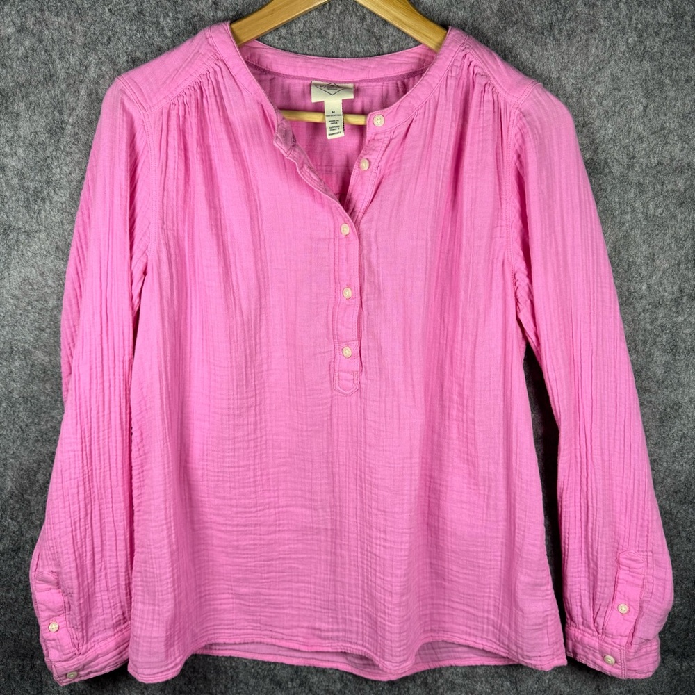 St.johns Bay Blouse Womens Medium Pink Pullover Long Sleeve Buttons Cotton
